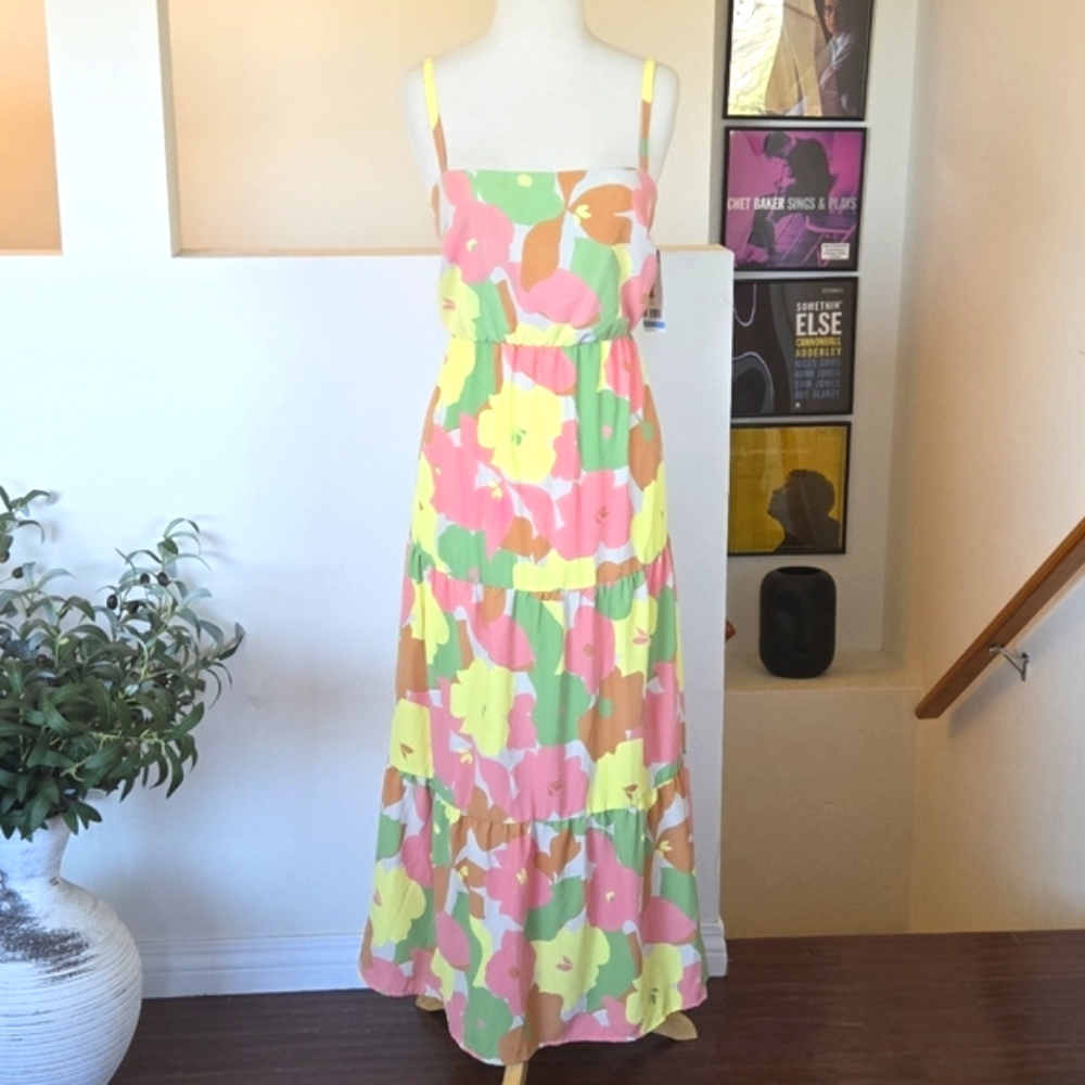 SANCTUARY Getaway Floral Smocked Back Spaghetti Strap Tiered Midi Dress Size L - Picture 4 of 16